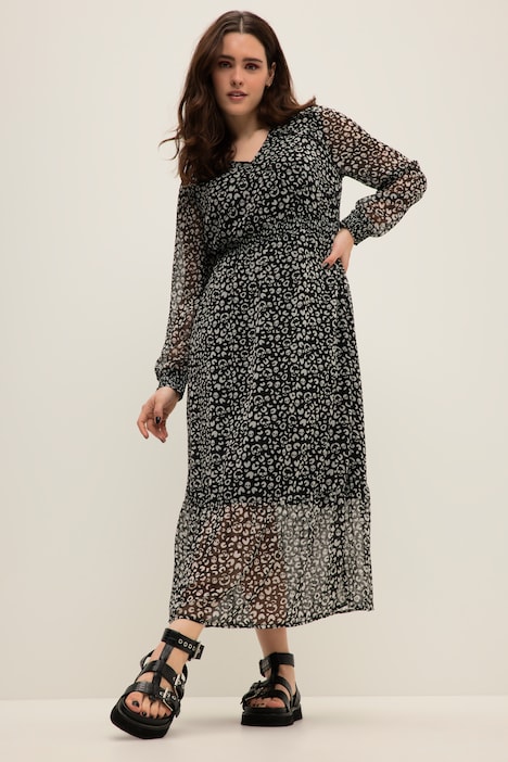 Maxikleid, A-Line, Totenkopf Print, V-Ausschnitt, Langarm