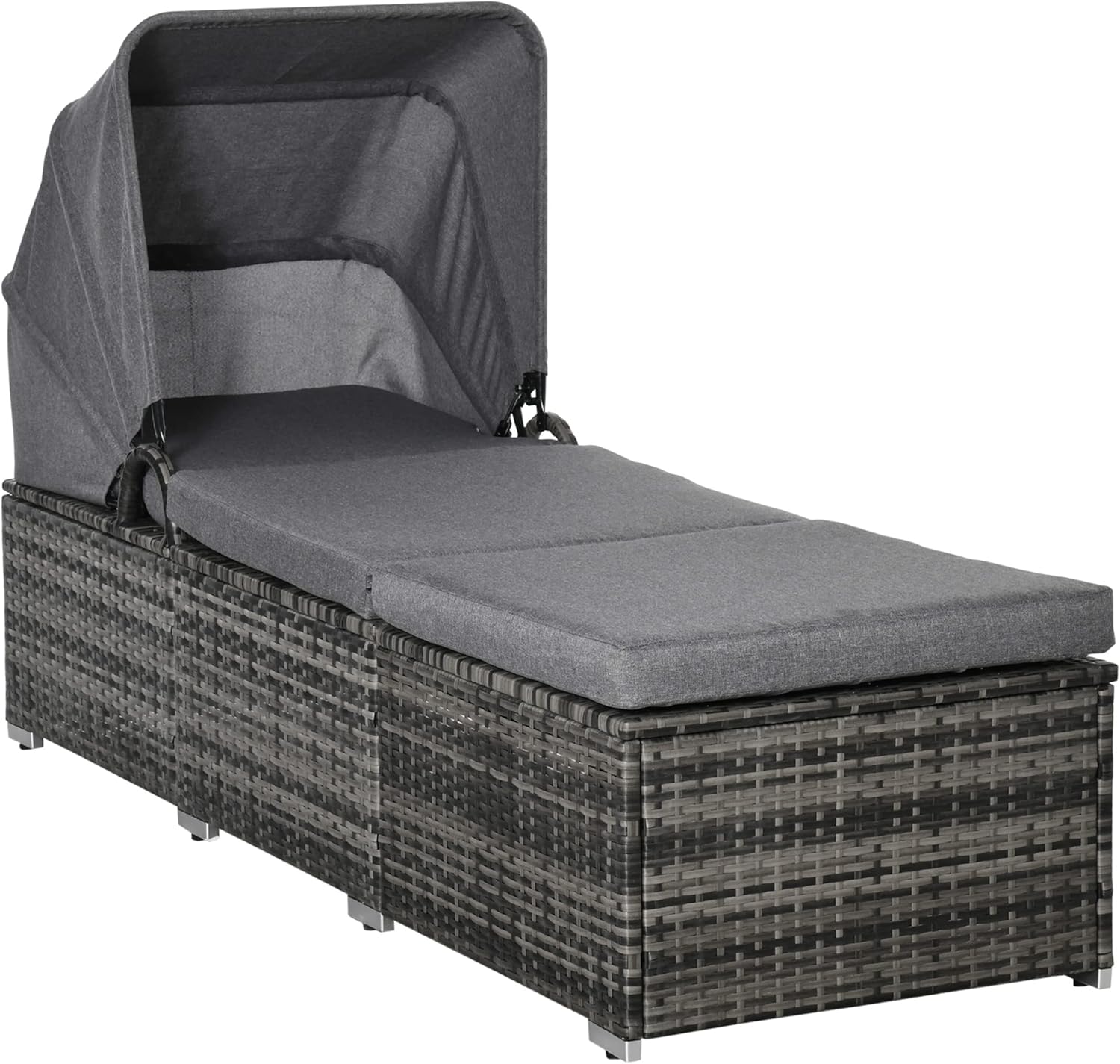 Outsunny Sonnenliege aus Polyrattan mit Sonnendach Gartenliege verstellbar Rattanliege Gartenmöbel Liege mit Kissen Grau 195 x 65 x 40 cm