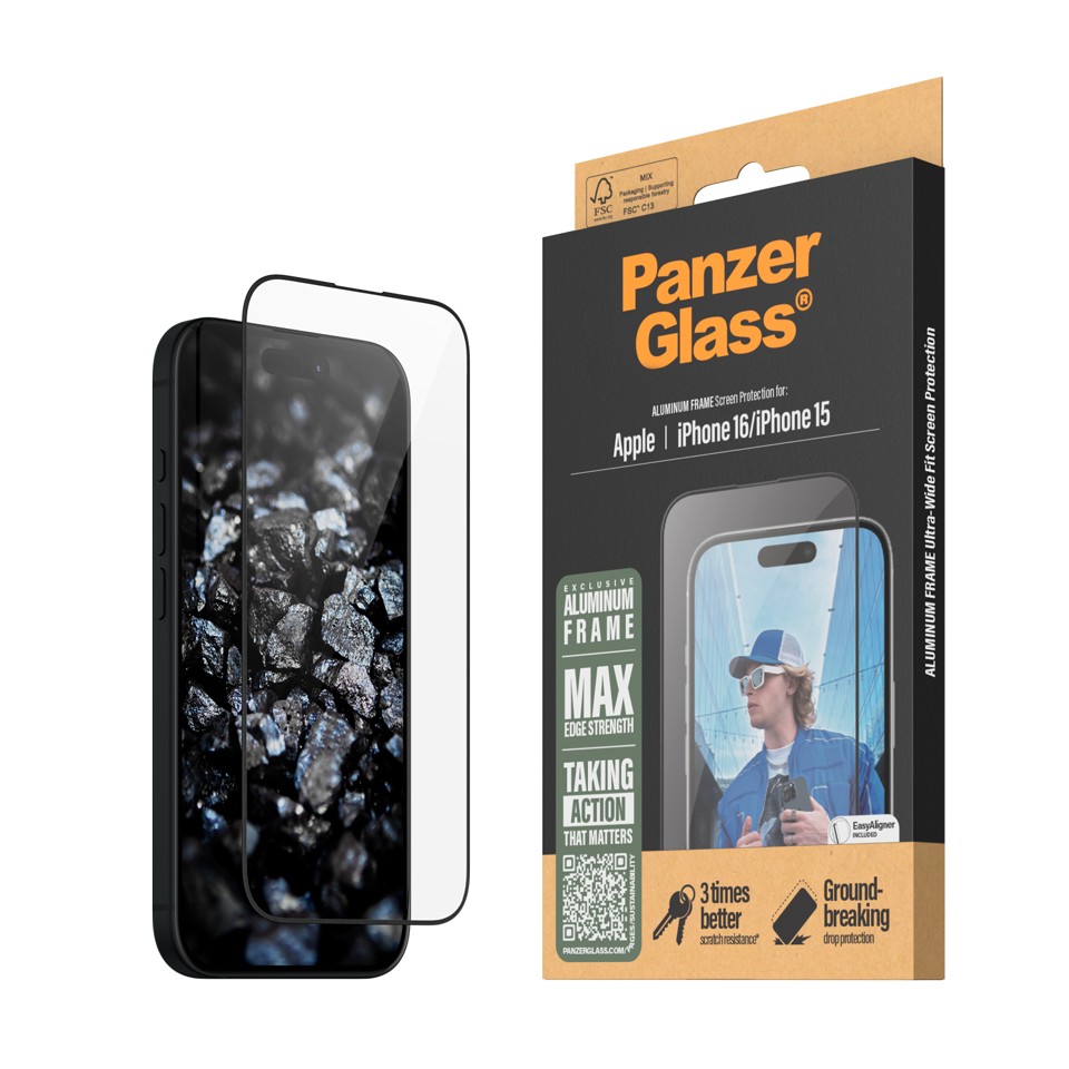 PanzerGlass - Skærmbeskyttelse - iPhone 16 - Aluminium Frame - Ultra Wide Fit