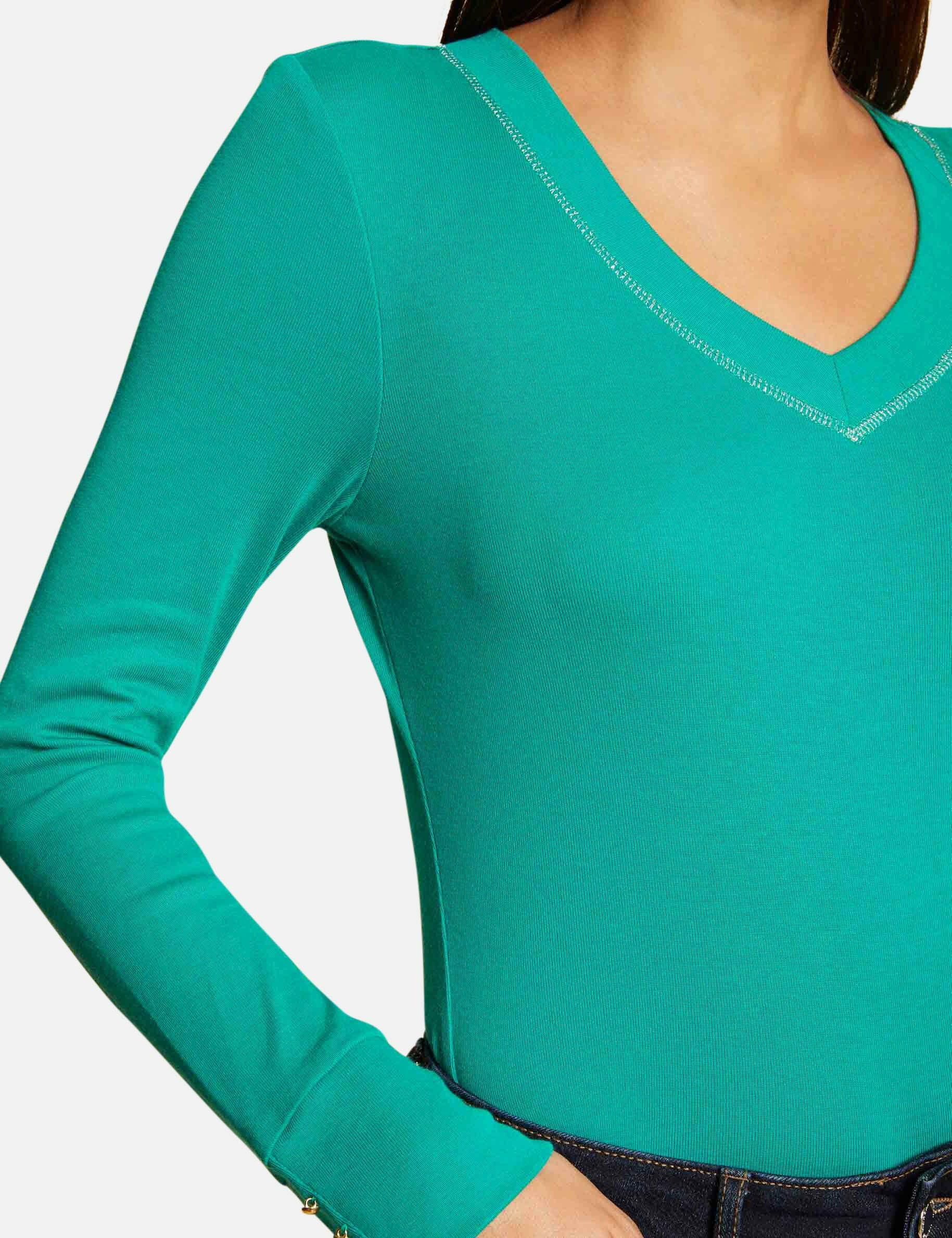 T-shirt manches longues avec col en V vert moyen femme - vert_moyen
