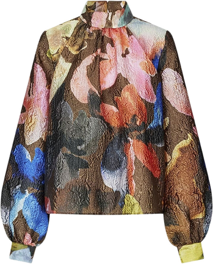 Stine Goya Gathered Long Sleeve Top, 2258 Crinkled Textured Poly Aquarelle garden