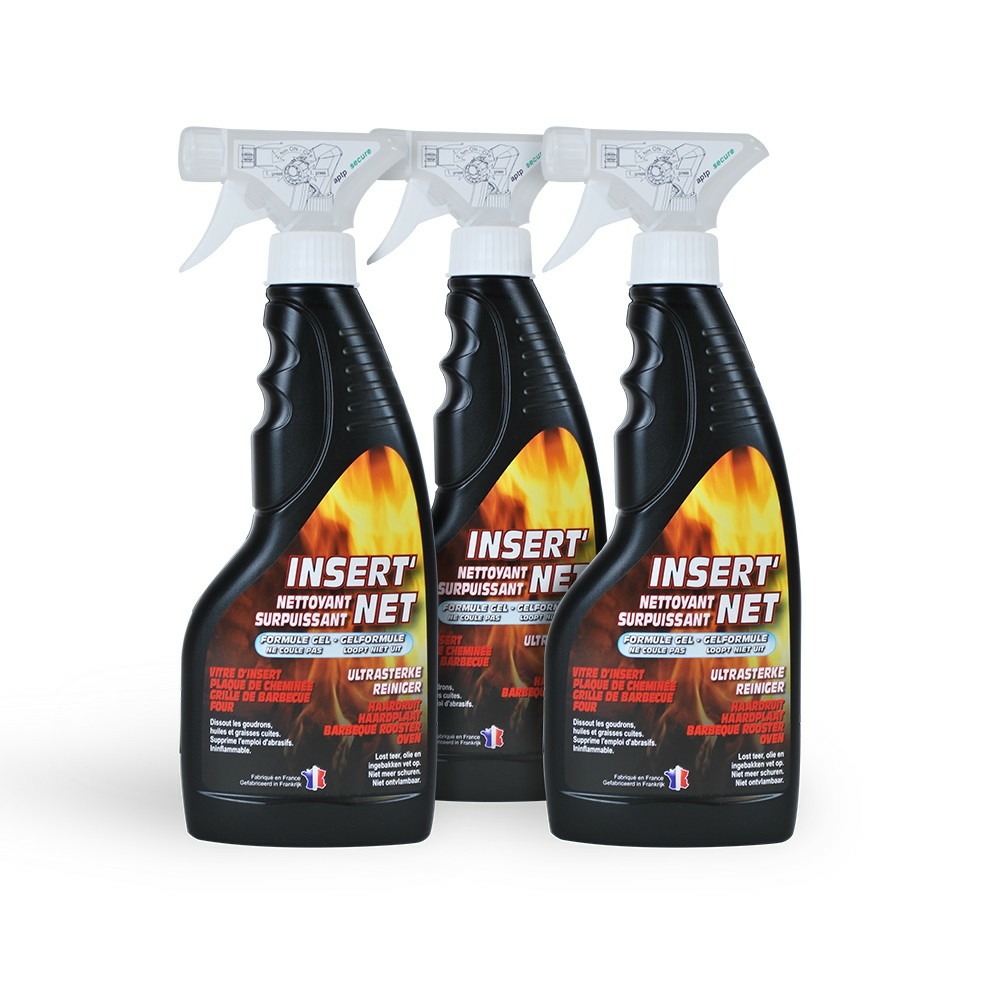 Lot de 3 x 500 ml - nettoyant surpuissant insert'net cheminée, barbecue et surface difficile - nettoie, dégraisse, ne coule pas