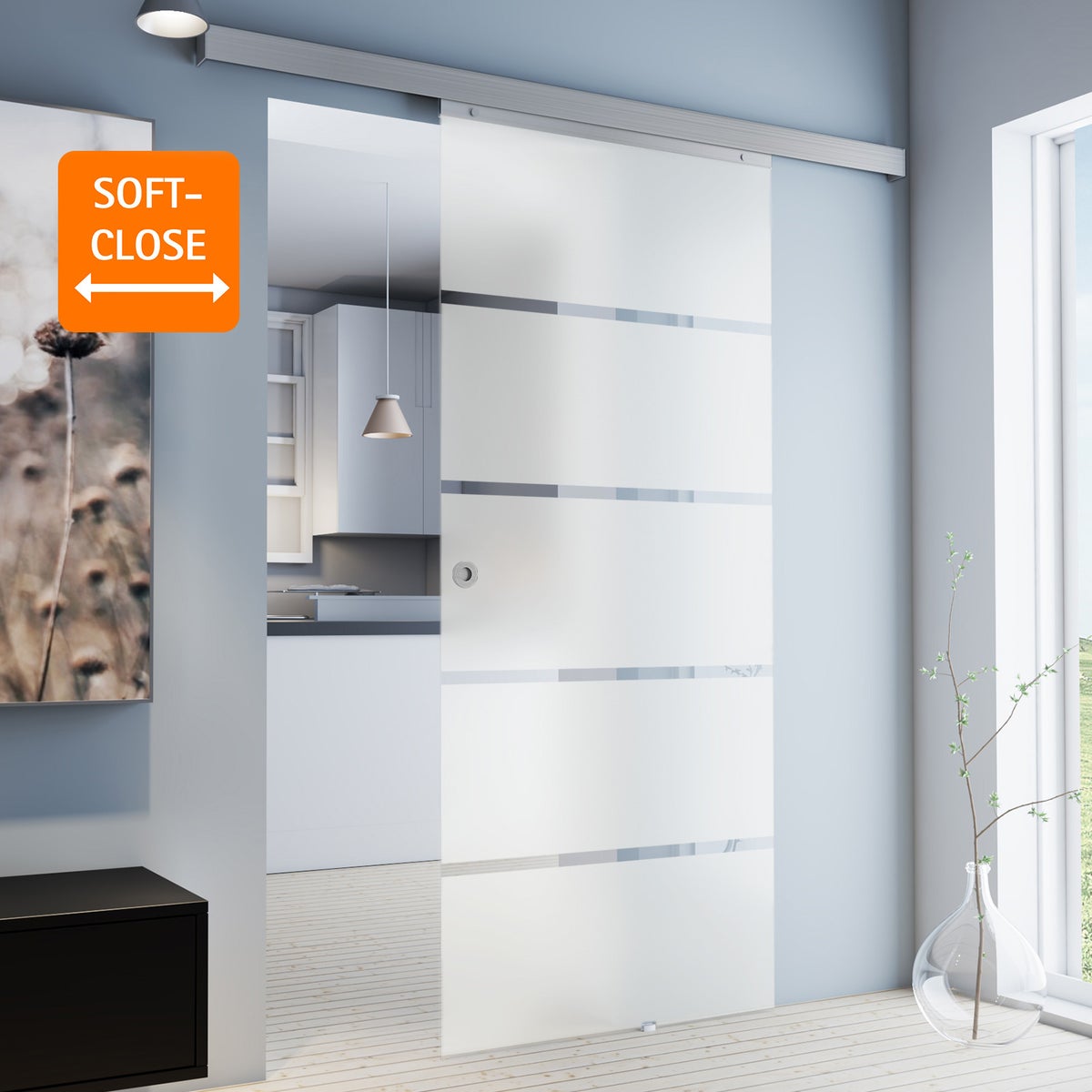 Schuifdeur van glas met blokstrepen, 880x2035 mm, voor binnengebruik - glazen schuifdeursysteem met verzonken handgreep en softclose-mechanisme aan beide zijden