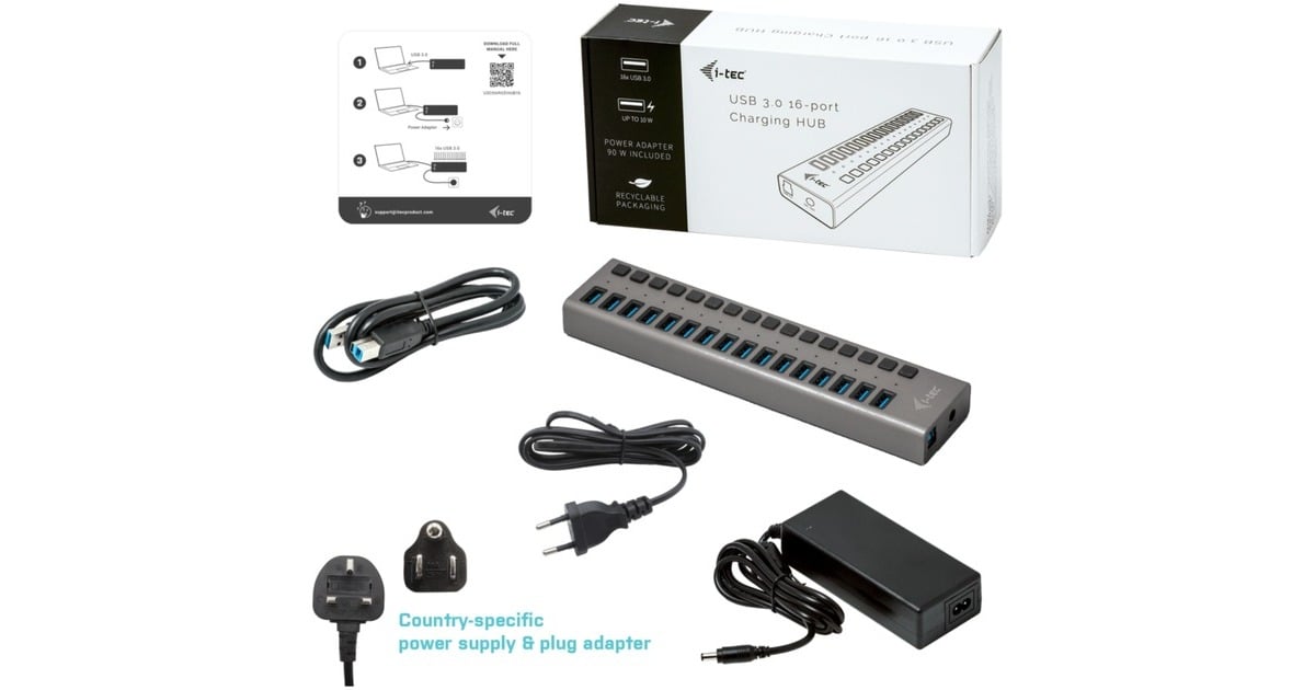 i-tecUSB 3.0 Charging HUB 16 port + Power Adapter usb-hub  (Zwart)