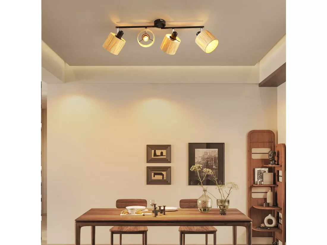 Spot De Plafond 4 Flammes E14 Noir Naturel Plafonnier Papier Salon