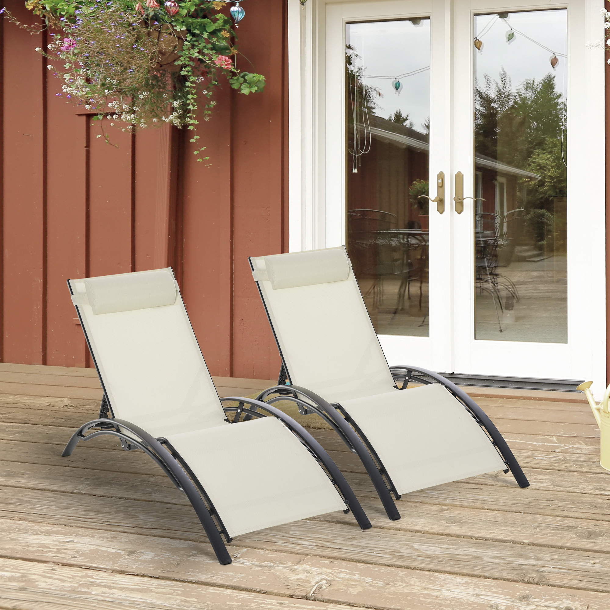 Conjunto de 2 espreguiçadeiras de alumínio Outsunny para jardim, reclináveis, com encosto ajustável e apoio de cabeça removível, para varanda ou pátio, 171x64x82 cm, bege.