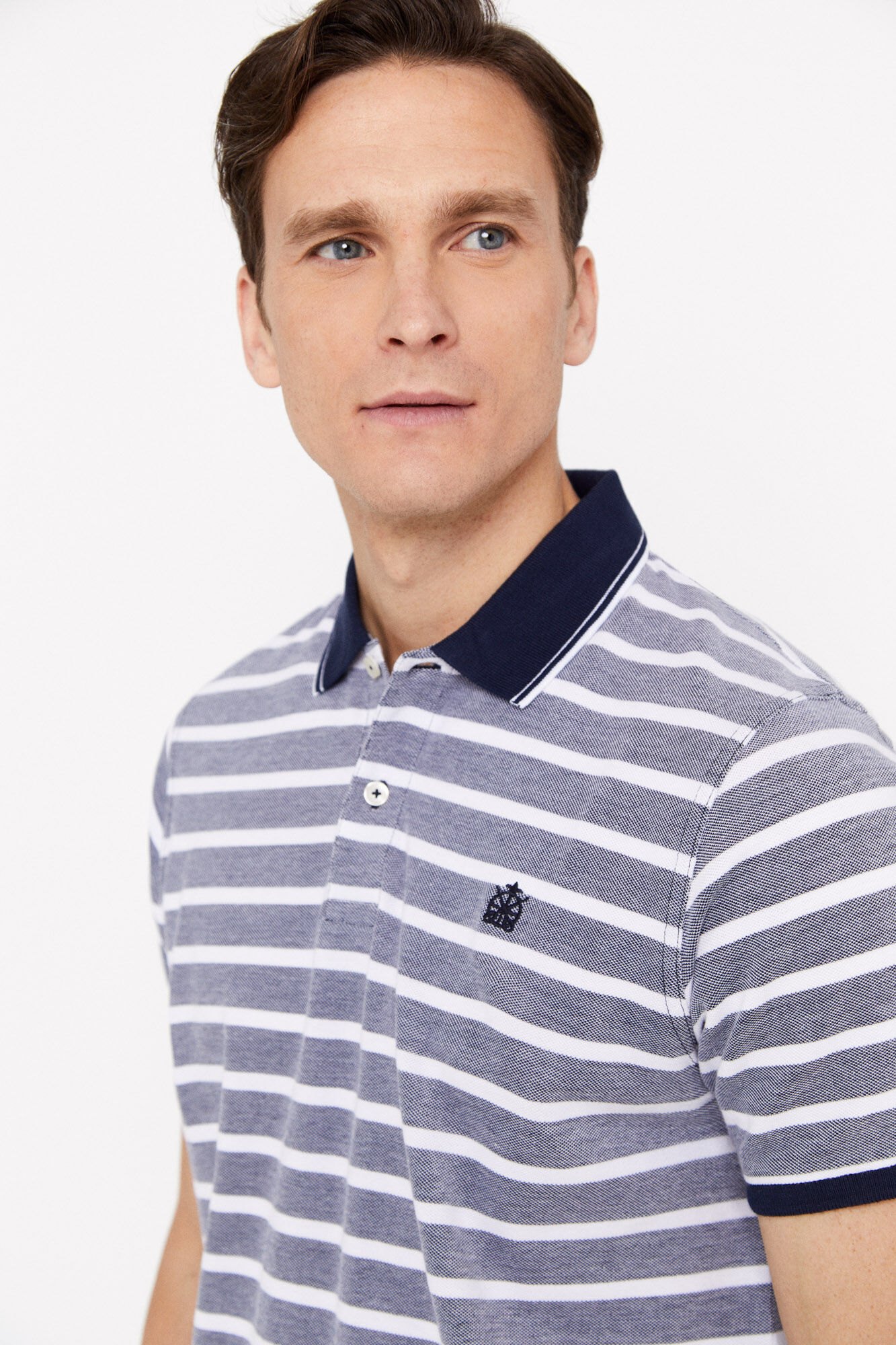 Camisa polo Oxford listrada com gola contrastante - Azul marinho