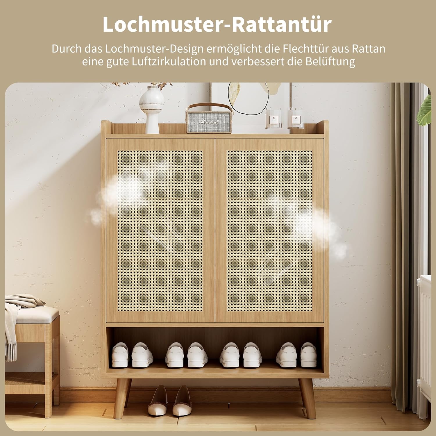Hommdiy Schuhschrank Sideboard Multifunktionsschrank aus natürlichem Rattan, Schuhkommode Schuhregal mit 2 Türen und 5 Regalböden, für den Flur. Mit Holzgriffen und Massivholzbeinen B80/H105/T35 cm