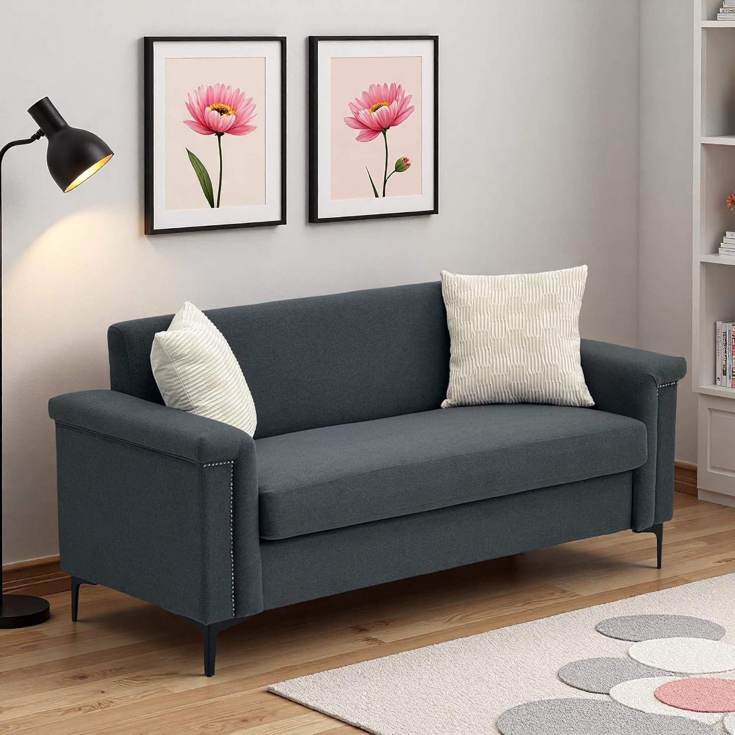 Sofa 2 Sitzer, Ecksofa mit Schlaffunktion, Elegantes Skandinavisches Schlafcouch mit Solides Holzgestell, Moderner Sofa Bed, für Wohnzimmer/Schlafzimmer/Büro, 172cm, Leinengewebe, Dunkelgrau