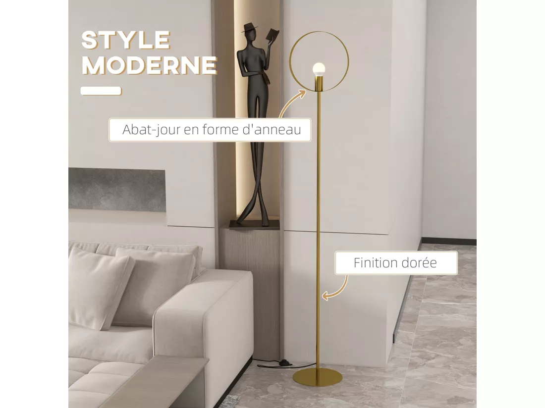 Lampadaire design néo-rétro circulaire H. 1,70 m max. 40 W métal doré