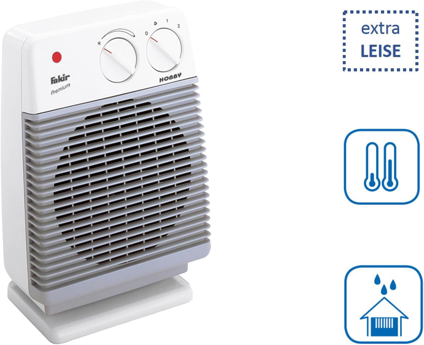 Fakir Heizlüfter Hobby HL 600 – Heizlüfter für das Badezimmer, 2000 Watt mit 2 Heizstufen, Ventilatorfunktion, Tropfwasser- & Überhitzungsschutz, Drehregler & Betriebskontrollleuchte