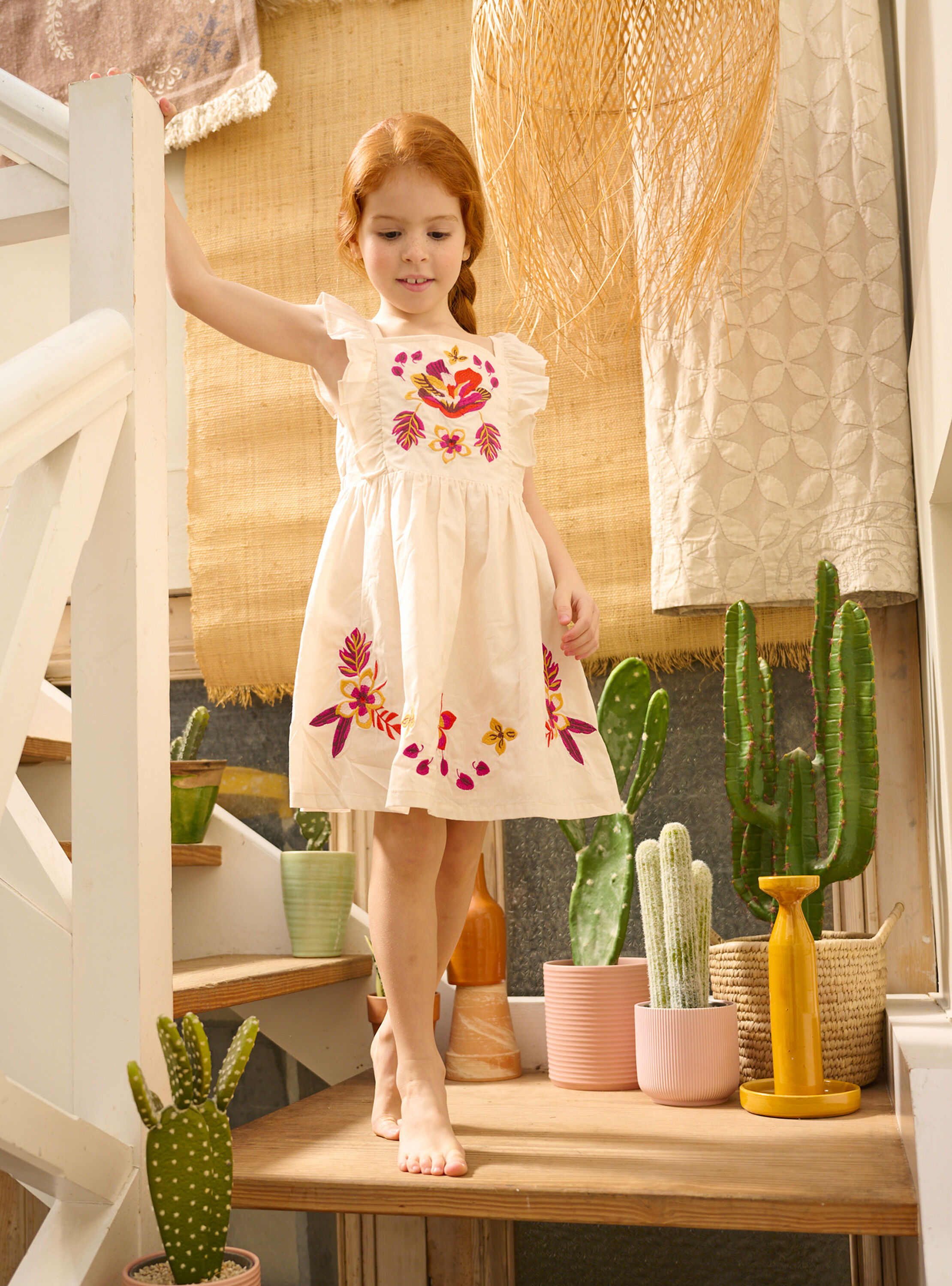 Girl's dark ecru floral embroidery halter dress