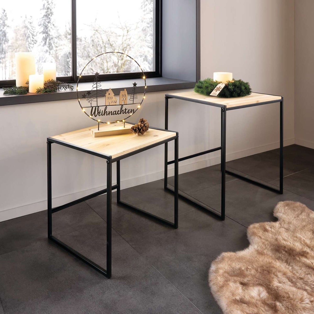 FRANK FLECHTWAREN | Moderne bijzettafel, set van 2, 40 x 35 x 40 cm, 45 x 40 x 50 cm, metaal, hout