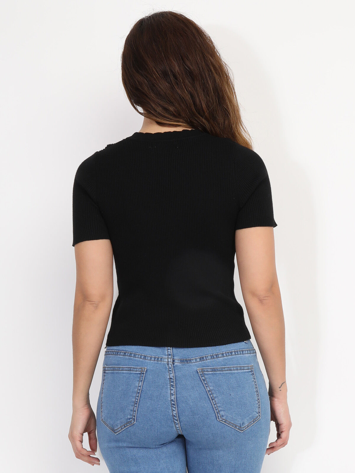 Top en maille côtelée style cardigan- Noir