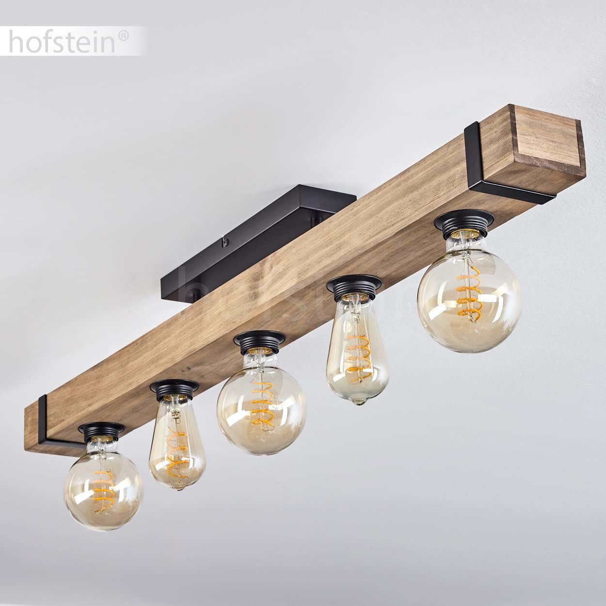 Deckenleuchte Montgomery, moderne Deckenlampe aus Metall/Holz in Schwarz/Natur, Leuchte im skandinavischen Design mit Holzbalken (100 cm), 5-flammig, 5 x E27-Fassung, Wohnzimmer, Küche, Flur, Büro