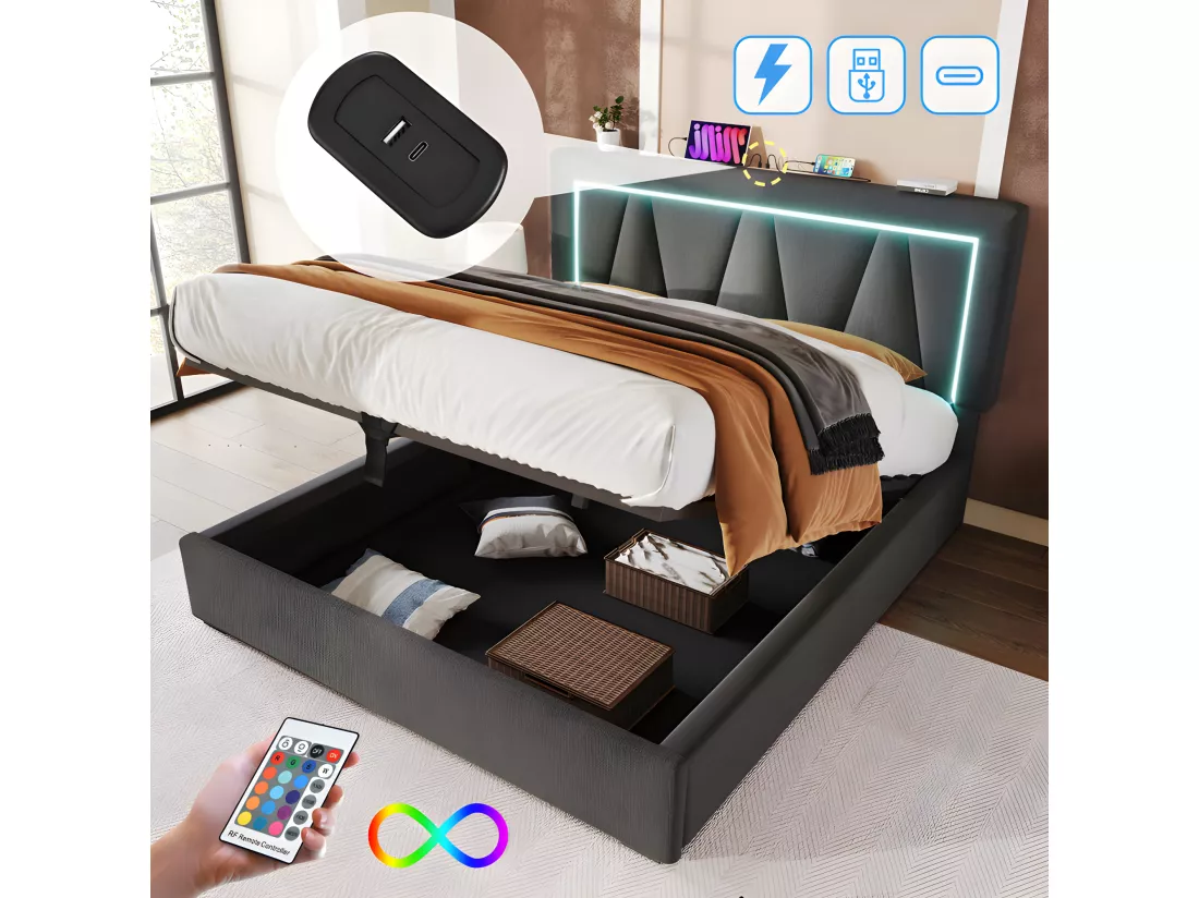 Lit coffre rembourré 160x200cm avec LED et Port de charge USB et Type-C - Tissu en Lin - sommier à lattes - Gris