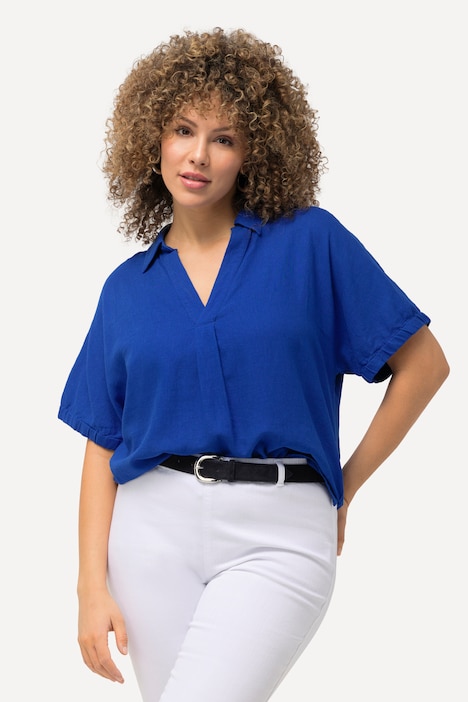 Bluse, Leinenmix, Oversized, V-Ausschnitt, Halbarm