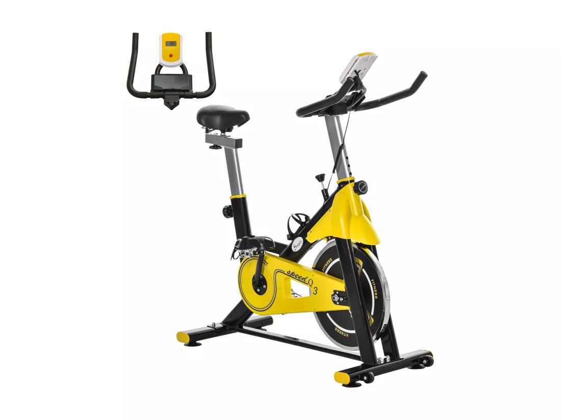 Vélo d'appartement vélo biking cardio écran LCD multifonctions selle guidon réglables acier noir jaune