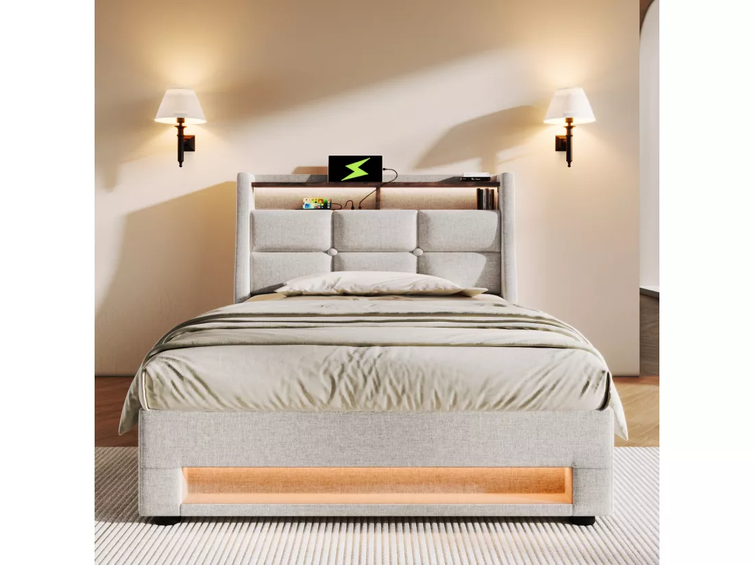 Lit coffre en lin 90x200cm avec LED et ports USB - sommier à lattes - beige