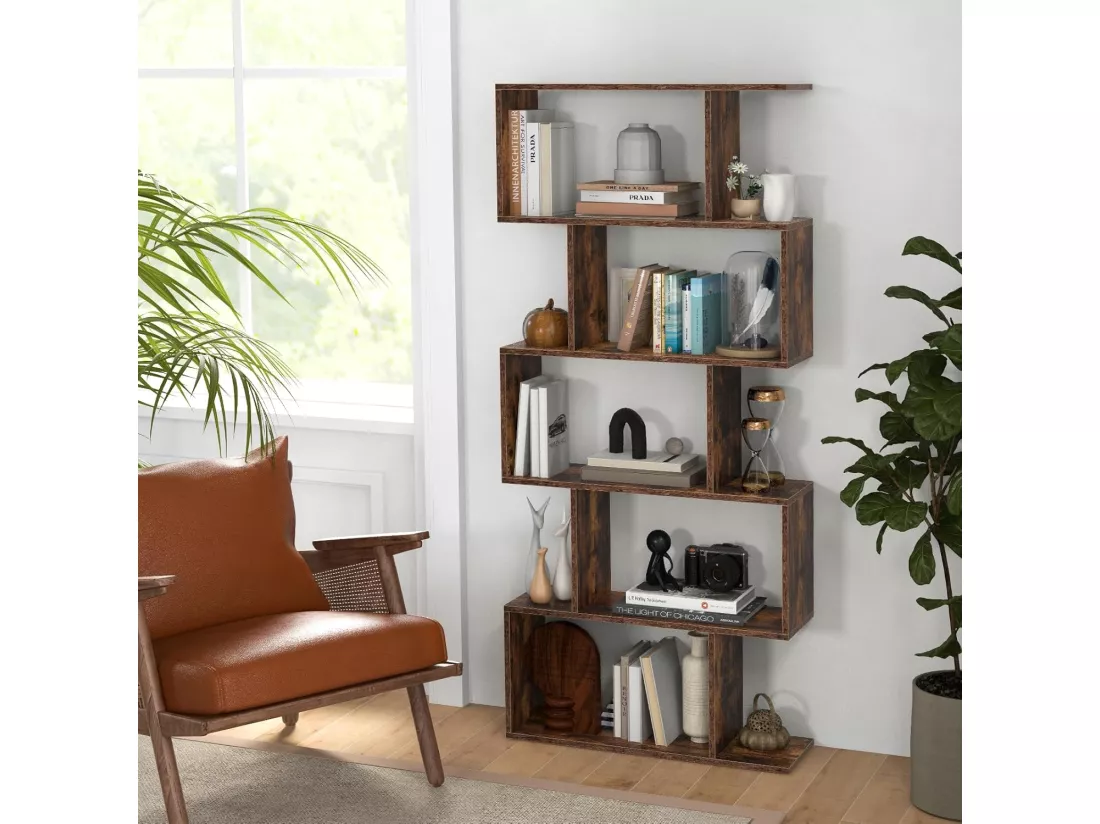 Bibliothèque Industrielle en Forme de S, Étagère à 5 Niveaux, Meuble de Rangement avec Anti-basculement, 70 x 23,5 x 158 cm, pour Salon, Chambre, Bureau, Marron Rustique
