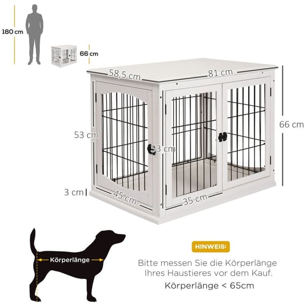 Hundekennel hundehus transportkasse smådyrbur til innendørs bruk hundekasse dyrebur kjæledyr MDF metall hvit 81 x 58,5 x 66 cm