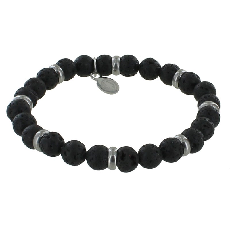 Bracelet Elastique Anneau Acier et Perles Pierre de Lave