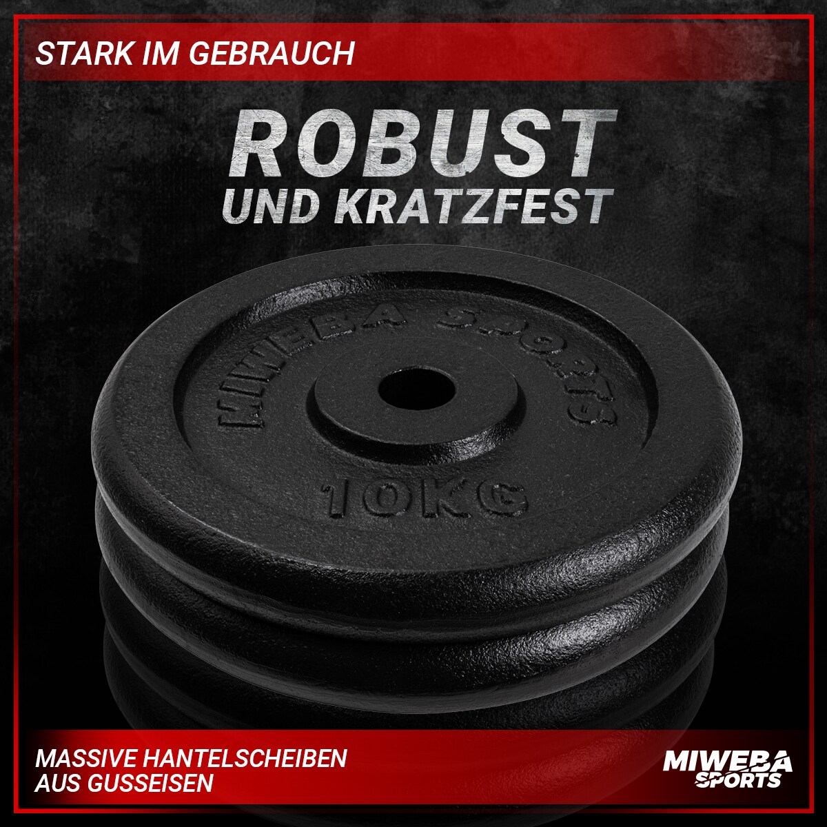 Miweba Sports Hantelscheiben HSG100, 2x 10 kg Hantel-Gewichte, passend für Ø 30mm, Set, Gusseisen