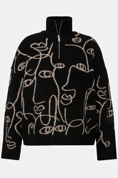 Troyer, oversized, Face-Silhouetten, Stehkragen mit Zipper