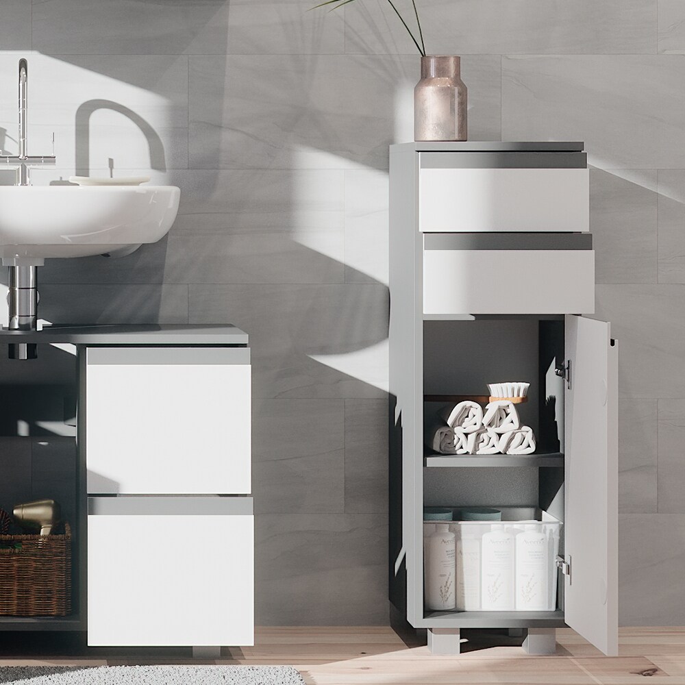 Vicco Midischrank Badschrank Badezimmermöbel J-shape Anthrazit Weiß modern 30x95cm Badezimmer Schrank Badmöbel Schranktür Schrankschublade Schrankfach Ablage Aufbewahrung