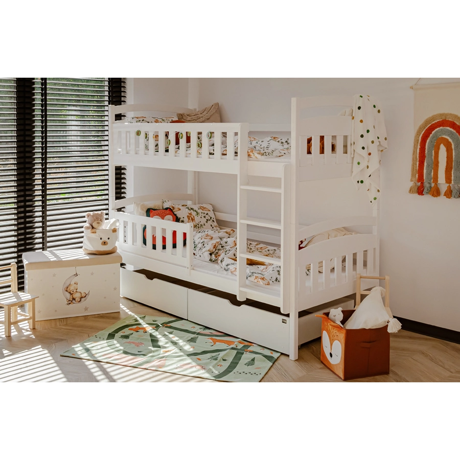 Kids Collective Hochbett 80x180 | 90x200 Etagenbett mit 2 Schubladen, Lattenrost, Rausfallschutz weiß mit Schublade