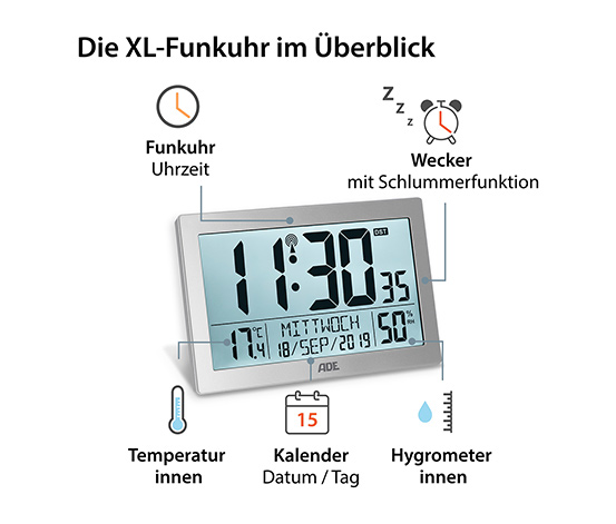 Digitale XL-Funk-Tischuhr mit Thermometer und Hygrometer