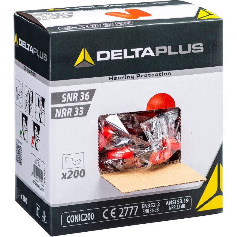 Bouchons d'oreilles jetables Delta Plus CONIC200 - 36 dB - Boîte distributrice de 200 paires