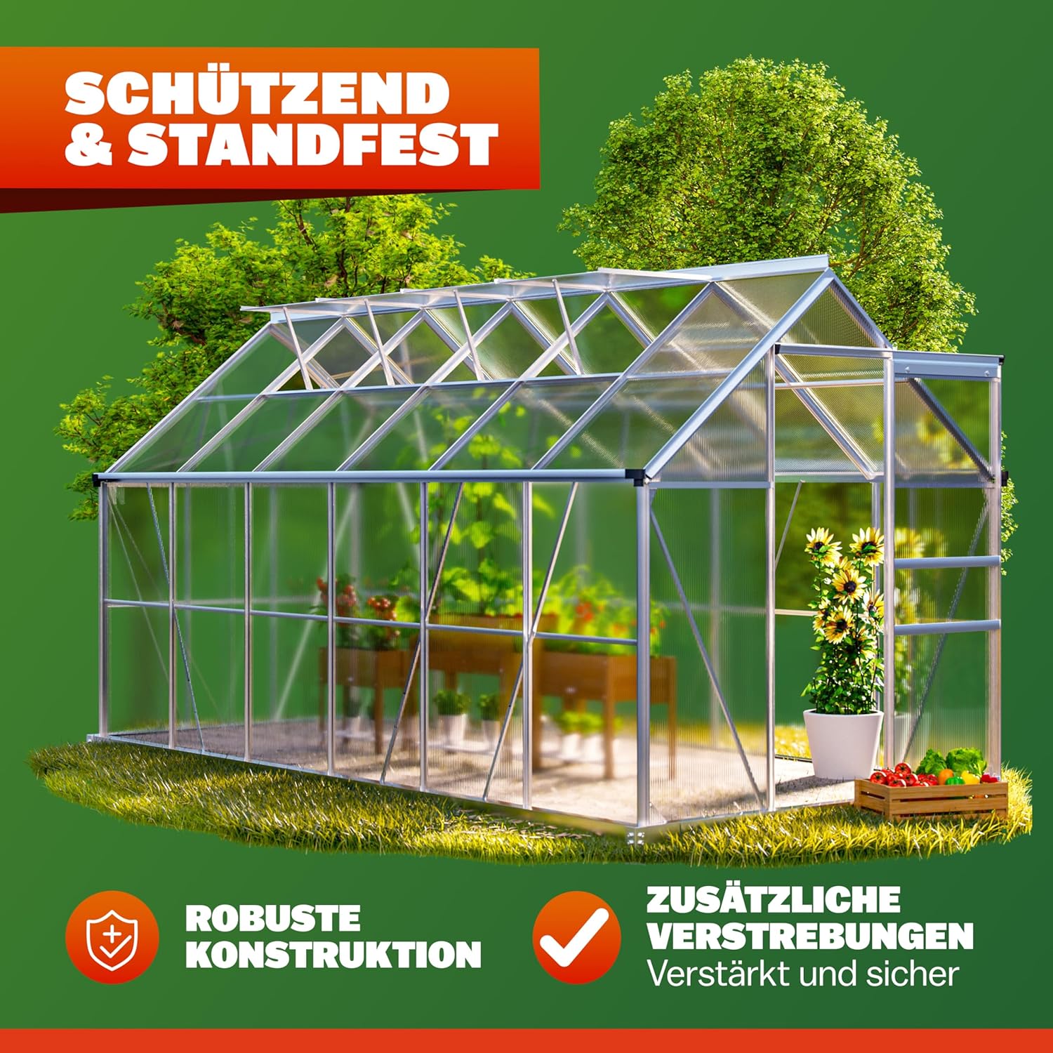 GARDEBRUK® Gewächshaus Aluminium 7,2m² 380x190cm inkl. 4 Dachfenster Tomatenhaus Treibhaus Anzuchthaus Garten Frühbeet Pflanzenhaus Aufzucht 11,73m³