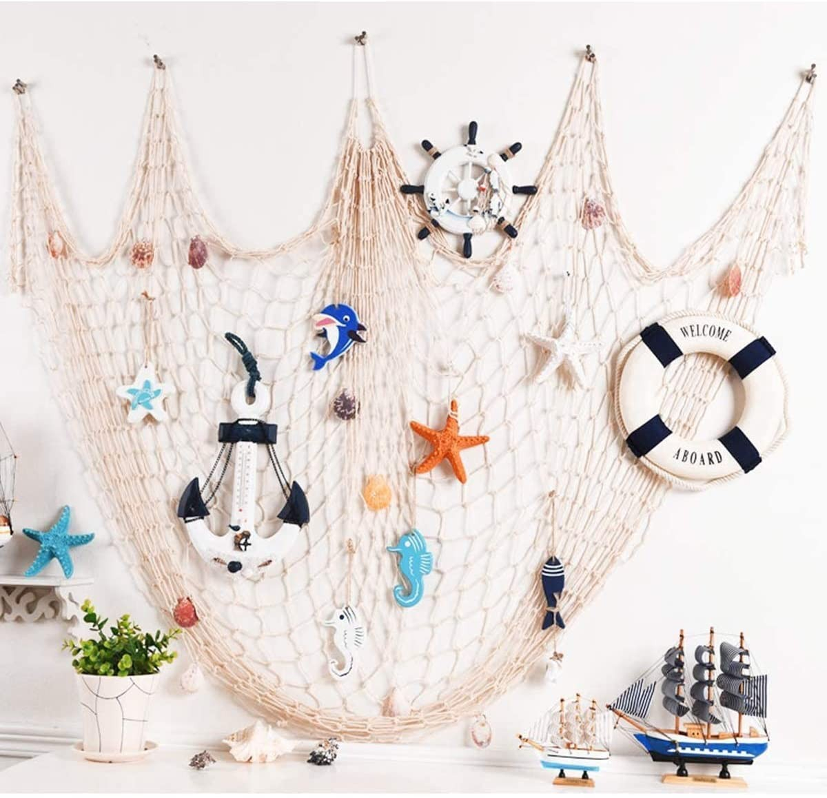 (150x200cm) Fischernetz Wand Dekoration Maritim Party Raumdeko mit Muscheln - Braun
