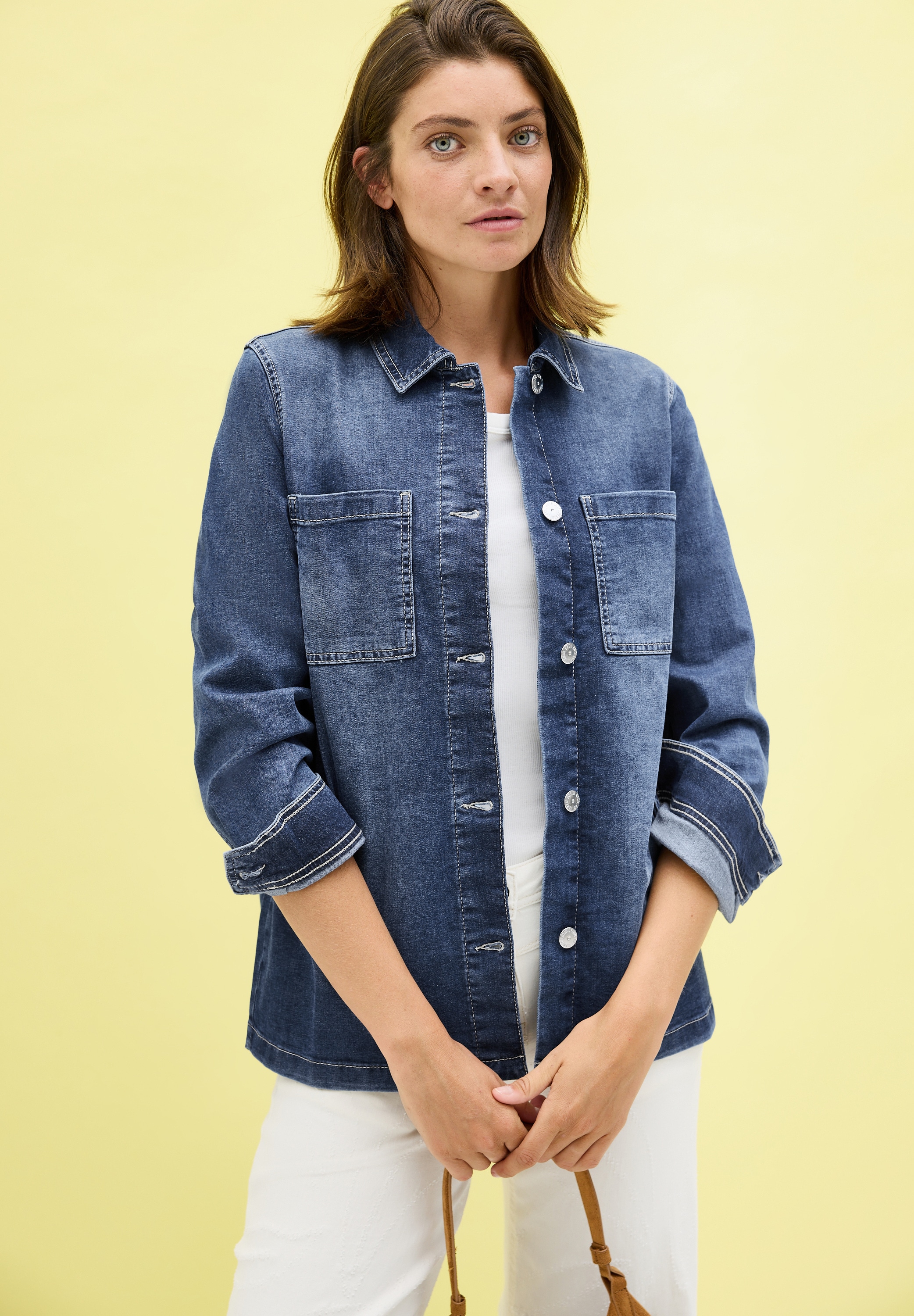 Cecil Jeansjacke ohne Kapuze Denim-Overshirt mit Knopfleiste und Brusttaschen