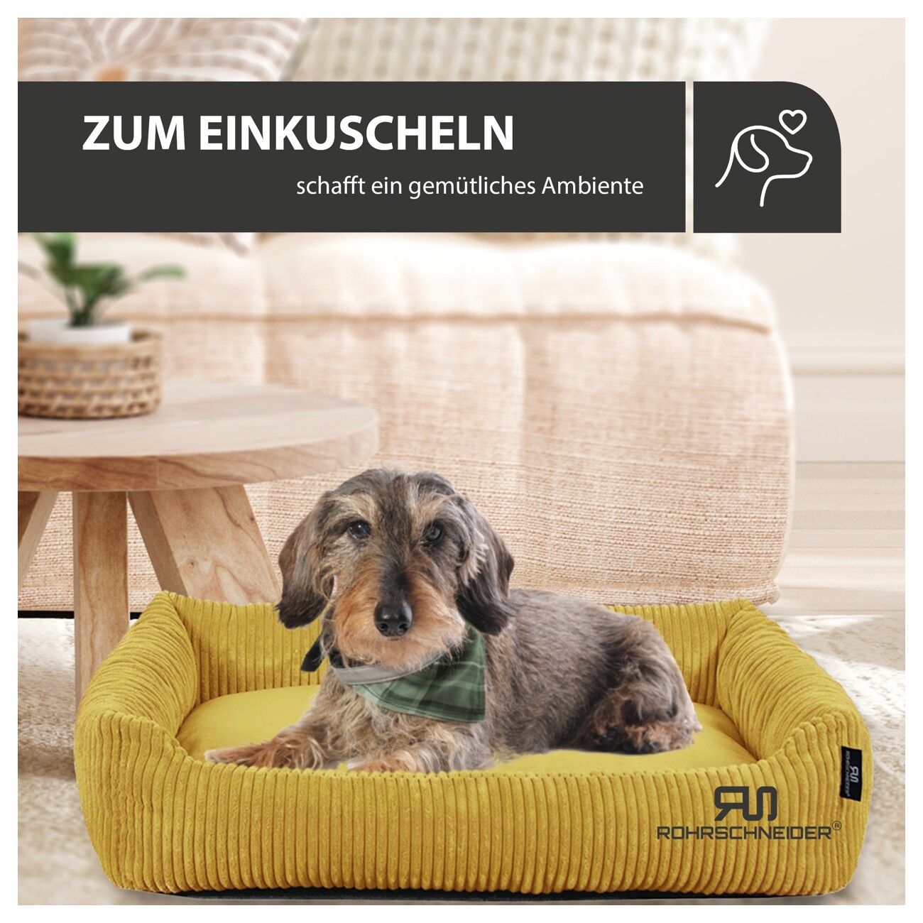 Rohrschneider Hundebett waschbar, robuster Breit-Cordstoff mit Gratis-Beigabe