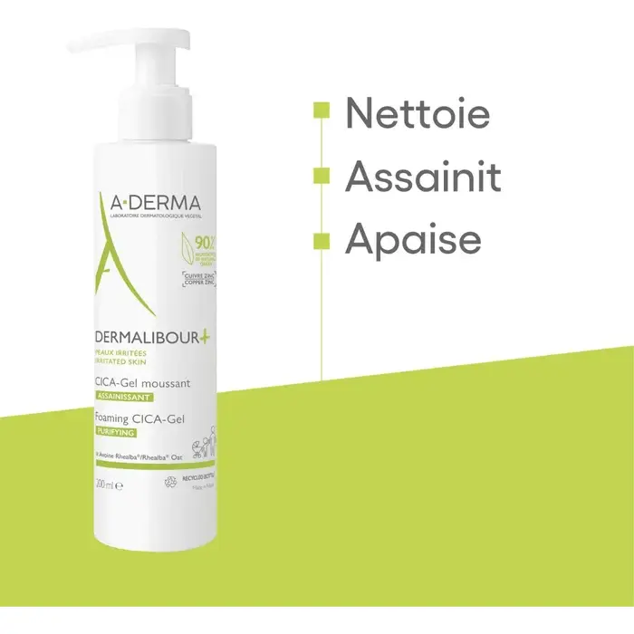 Gel moussant assainissant Aderma Dermalibour+ Cica - Flacon-pompe de 200 ml