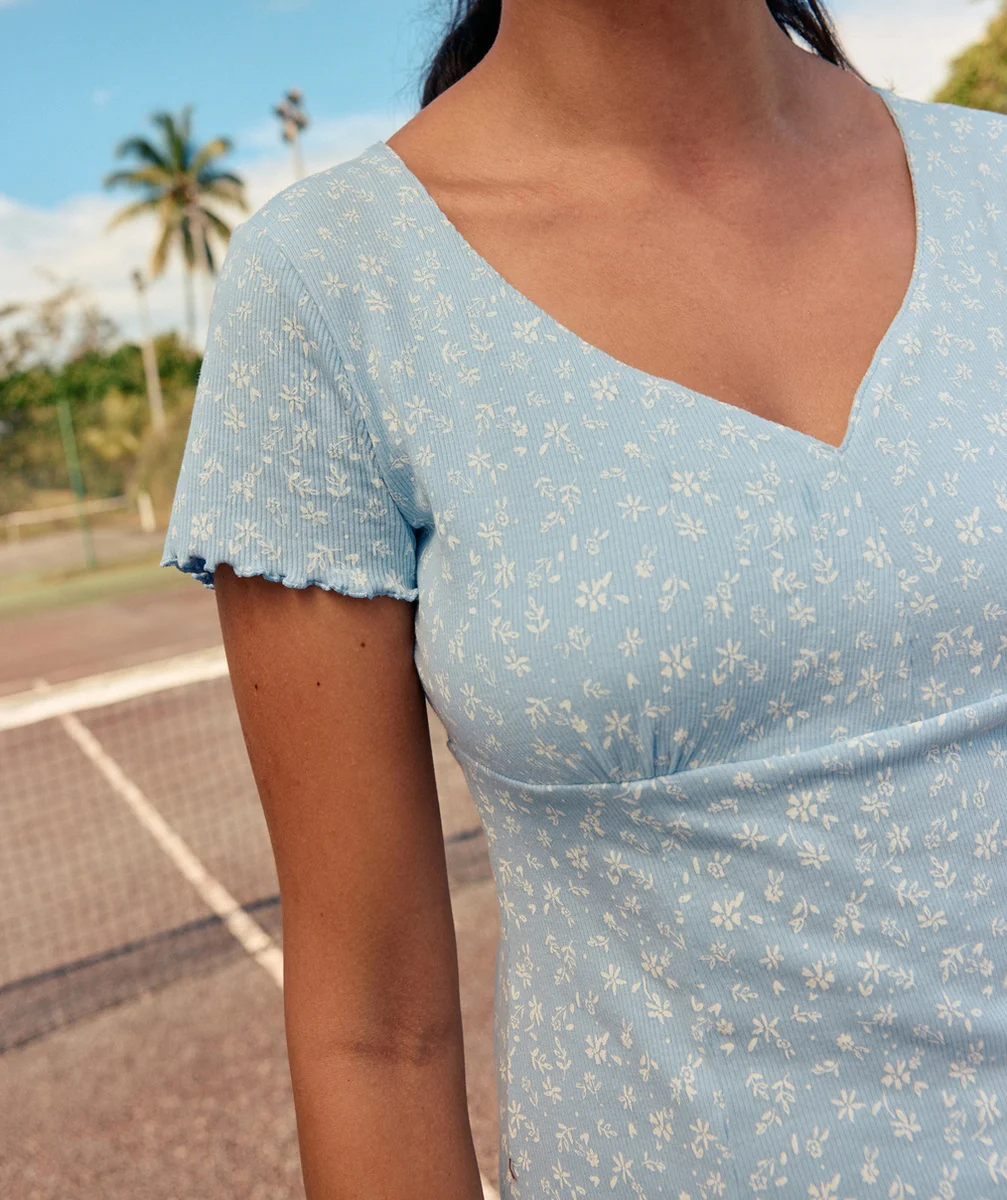 robe fille en coton bio bleu imprimé fleuris