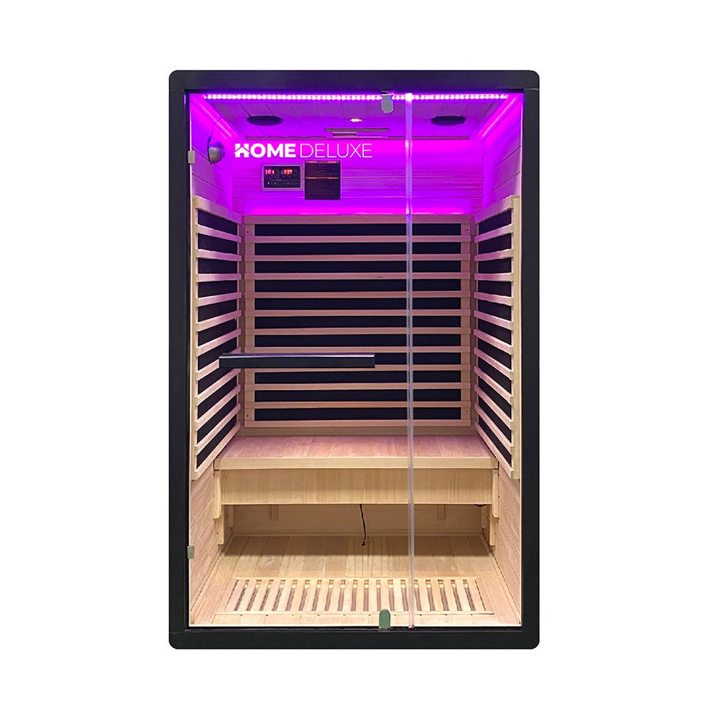 Home Deluxe – Infraroodcabine – NERO - M – 120 x 105 x 190 cm – voor 2 personen, 4 koolstofpaneelverwarmers – Hout: Hemlockspar | Infraroodsauna, sauna, warmtecabine, infrarood