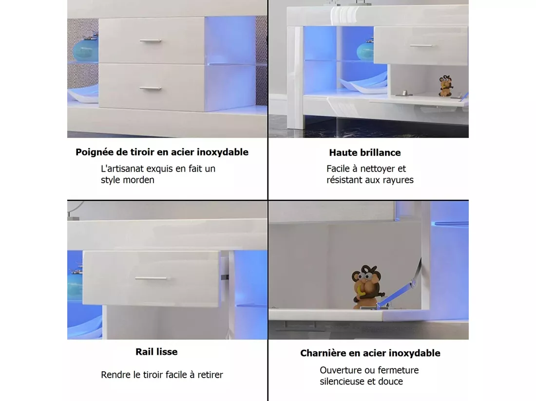 Meuble TV Blanc Brillant avec LED Lumineuse, Banc TV Moderne, Etagère en verre, 2 Tiroirs, Meuble Salon, 130x35x50cm