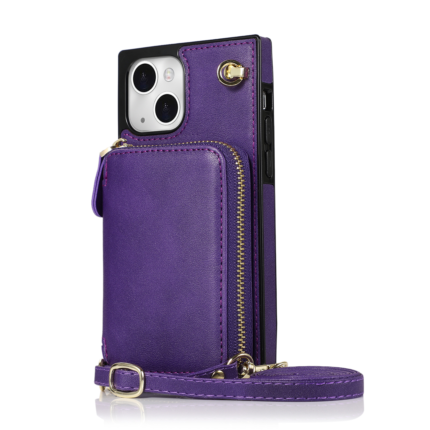 iPhone 13 Necklace Leder Schutz Hülle mit Kartenfächer   Handykette (140cm) - Violett