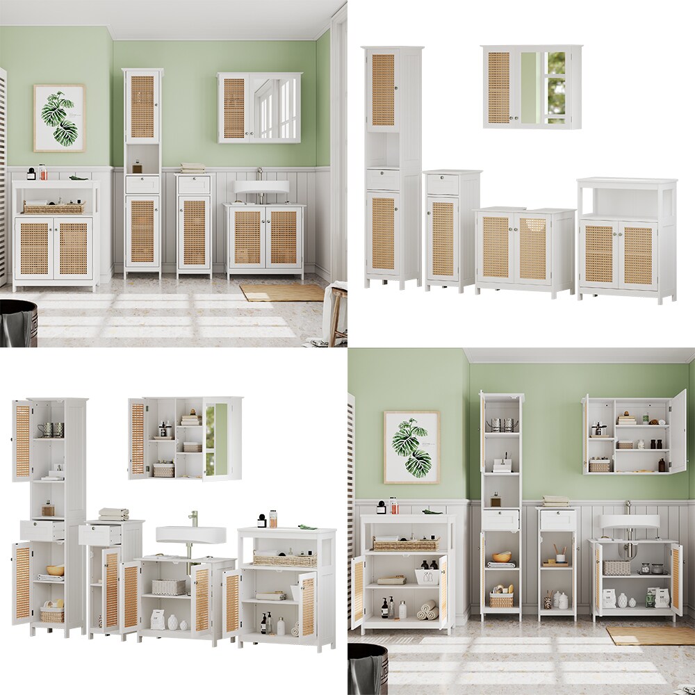 Vicco Badmöbel-Set Rosario, Weiß, moderne Serie, Badezimmer, dekorative Front, Spiegelschrank, Waschtischunterschrank, Midischrank, Hochschrank, Sideboard