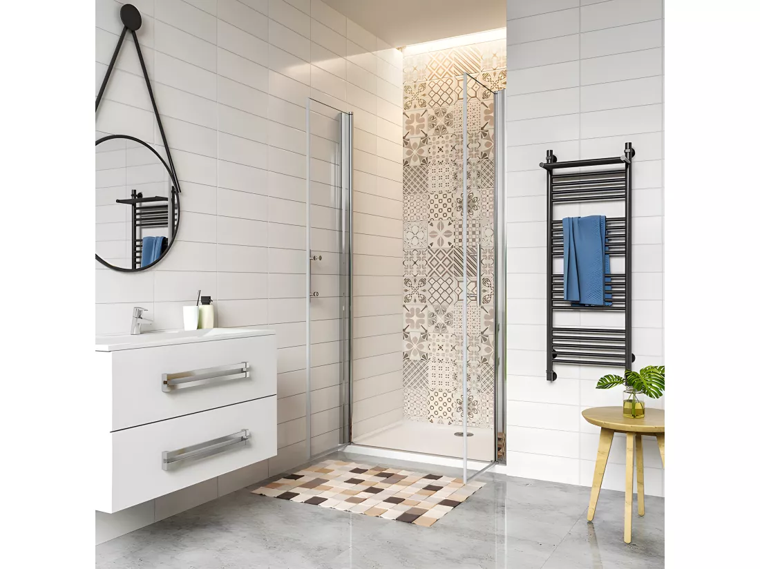 Porte de douche battante 100x197cm en 6mm verre anticalcaire avec receveur de douche blanc 100x70x3cm