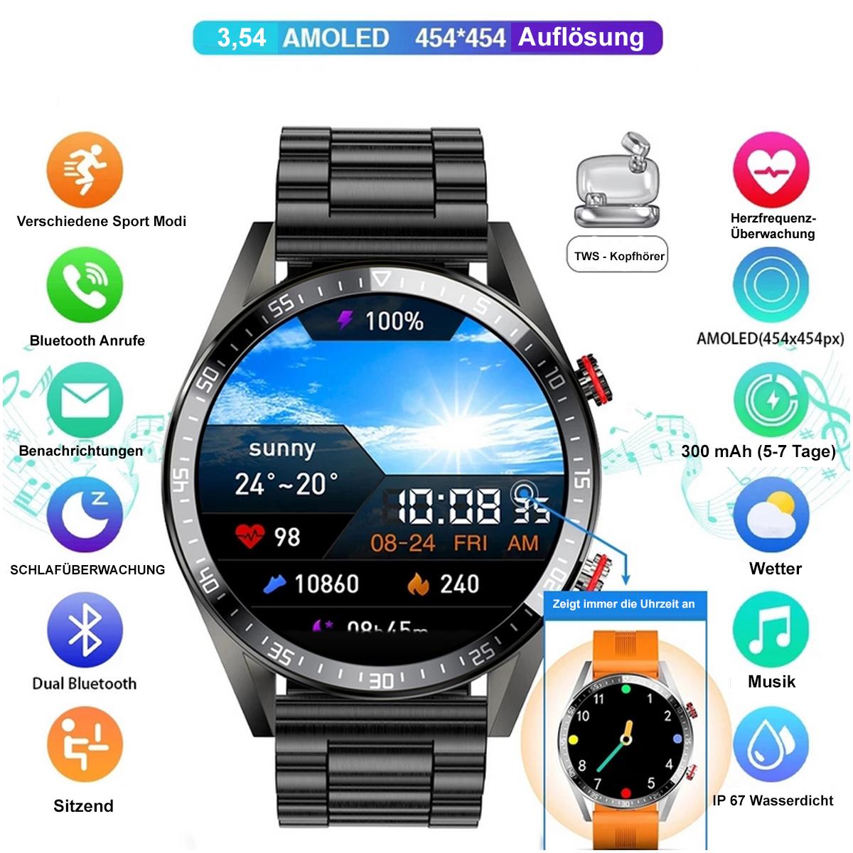 TPFNet Smart Watch / Fitness Tracker IP67 - Milanaise Armband + Silikon Armband - Android & IOS - Schwarz