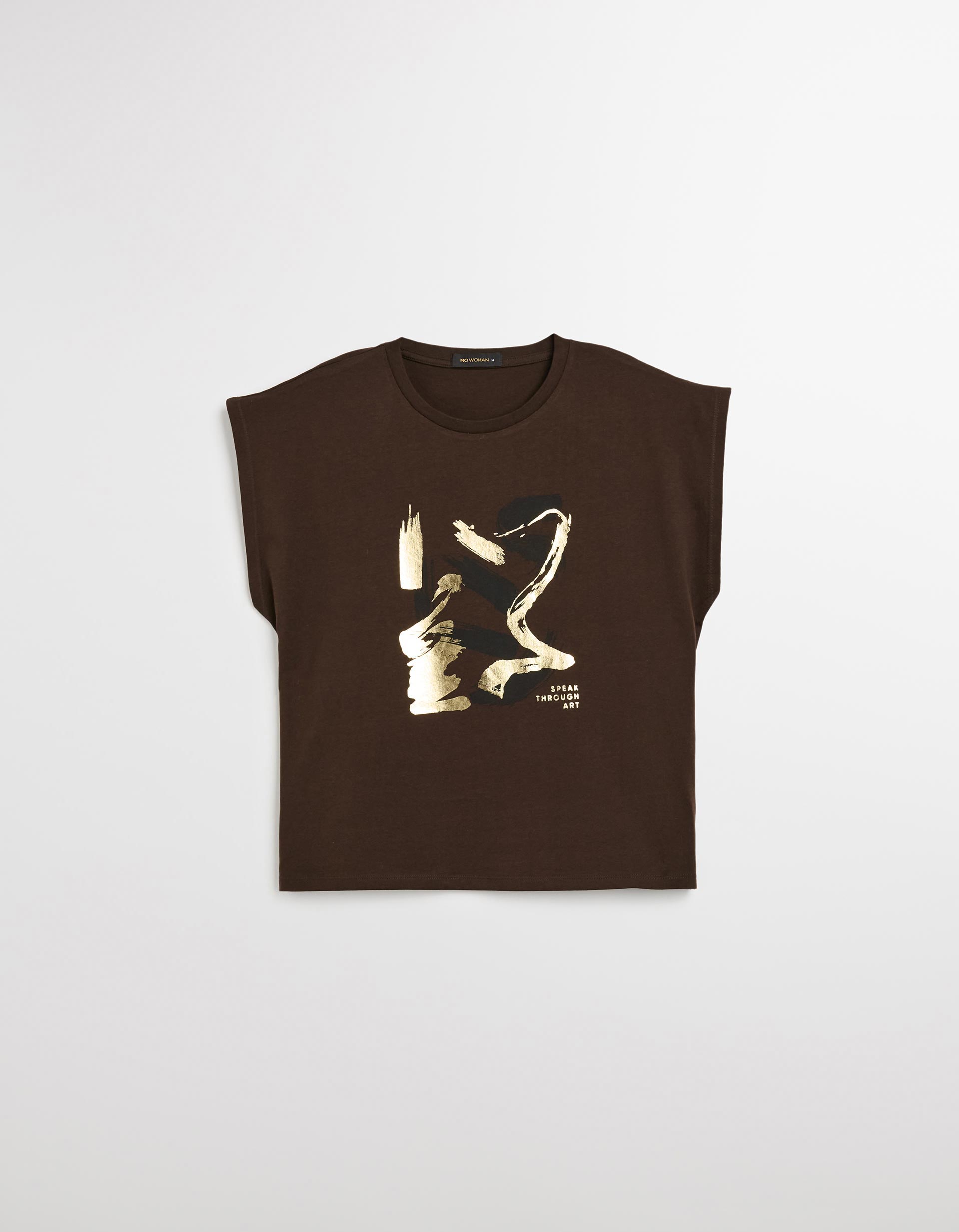 T-shirt Estampado Foil, Mulher, Castanho Escuro