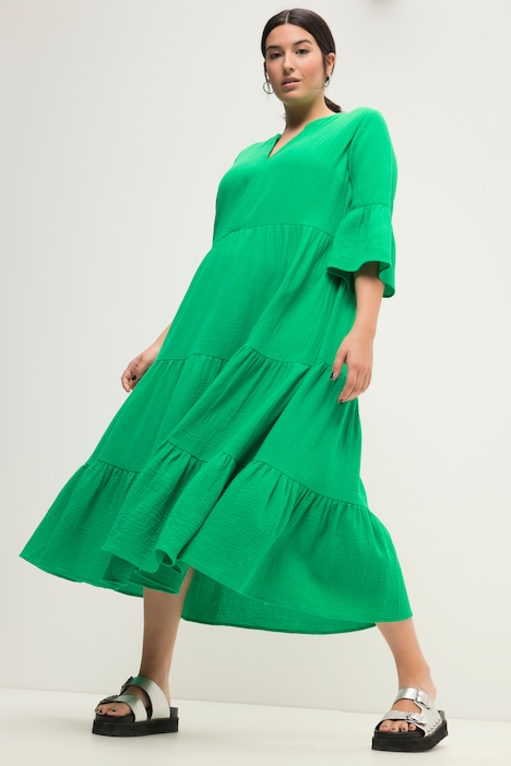 Maxikleid, A-Line, Musselin, Stehkragen, Volants, 3/4-Ärmel