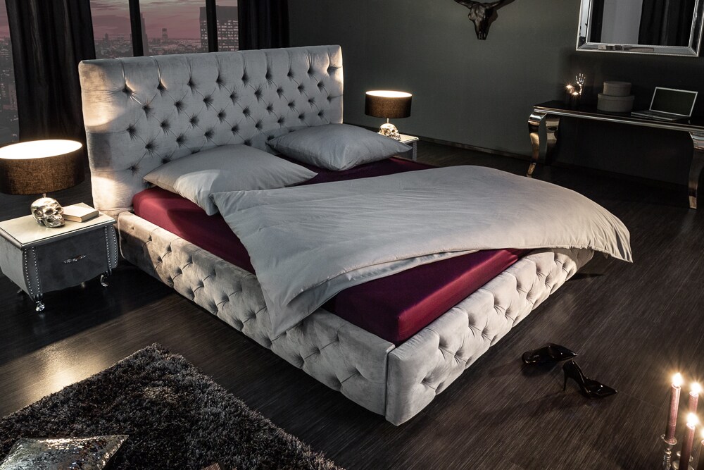 riess-ambiente Doppelbett PARIS - 180x200cm grau Samt Chesterfield