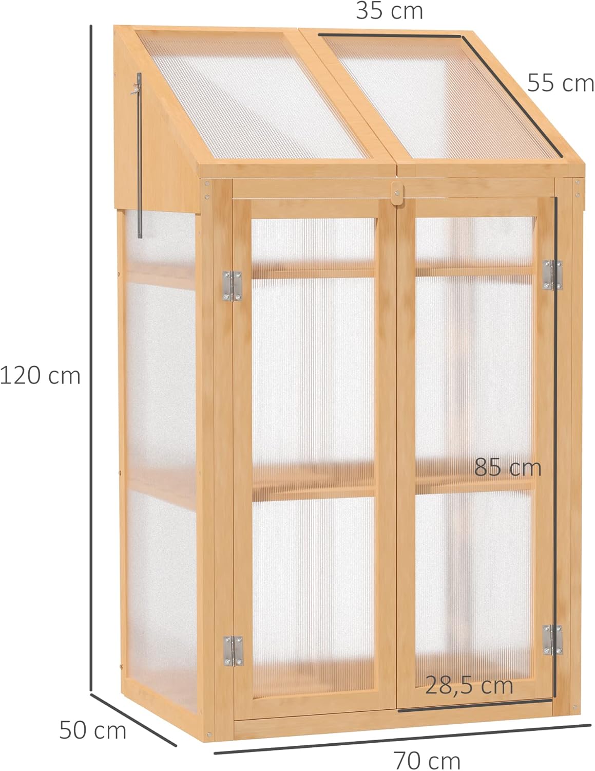 Outsunny Frühbeet aus Holz, Mini Gewächshaus 70 x 50 x 120 cm, Treibhaus mit Abdeckung, Fenster, Doppeltür, lichtdurchlässig Frühbeetkasten mit 3 Regale, Winterfest Hochbeet für Garten, Balkon, Braun