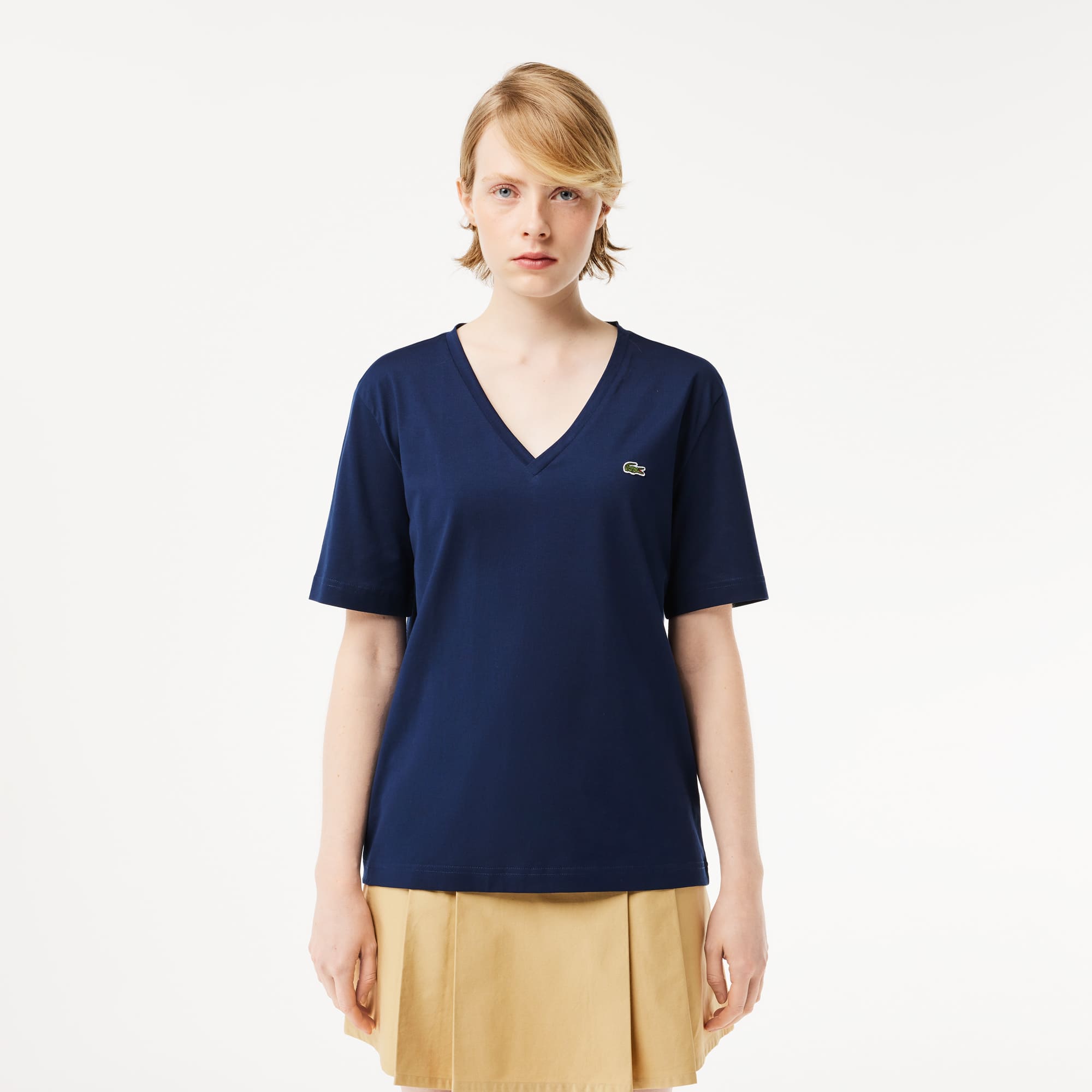 T-shirt relaxed fit en jersey de coton doux col V T-Shirts - Bleu - Lacoste - Femme