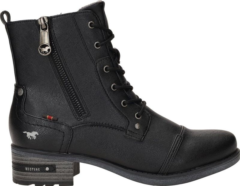 Mustang - Dames Veterboot - Zwart - Imitatieleer - Blokhak 4 cm